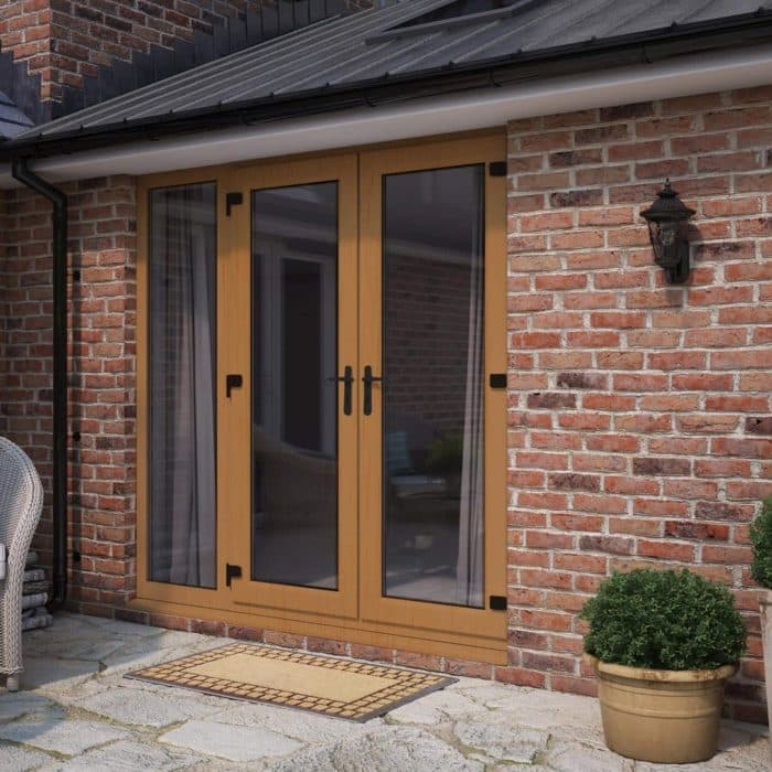 Oak-effect French doors with glazed sidelights