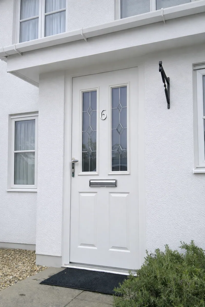 White decorative-glazed composite door