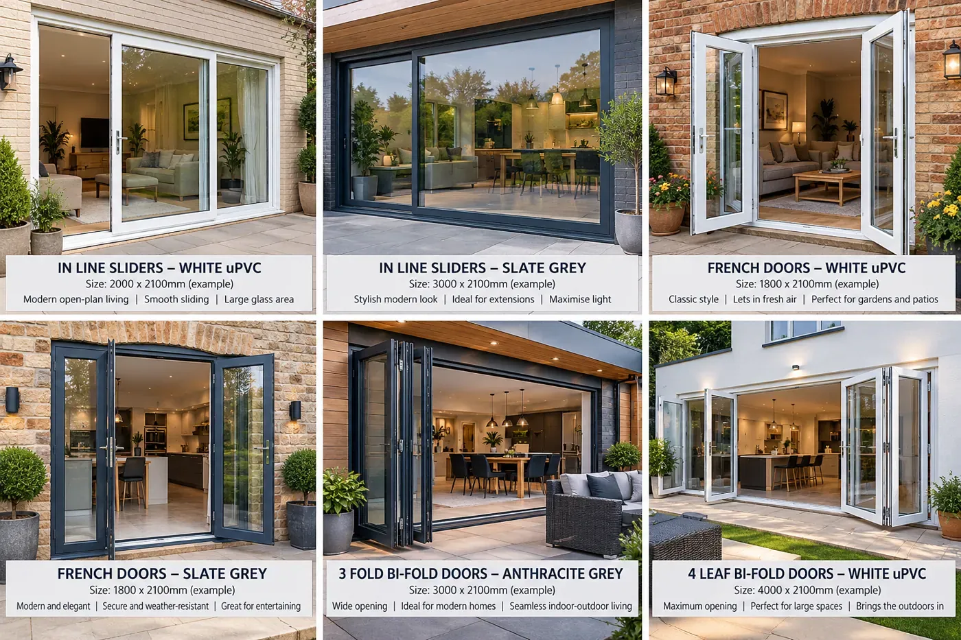 Sliding, French and bifold door styles (illustrative)