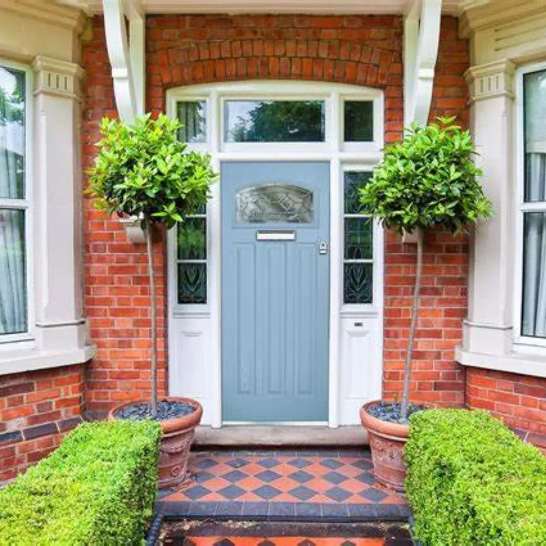Blue composite entrance door with sidelights