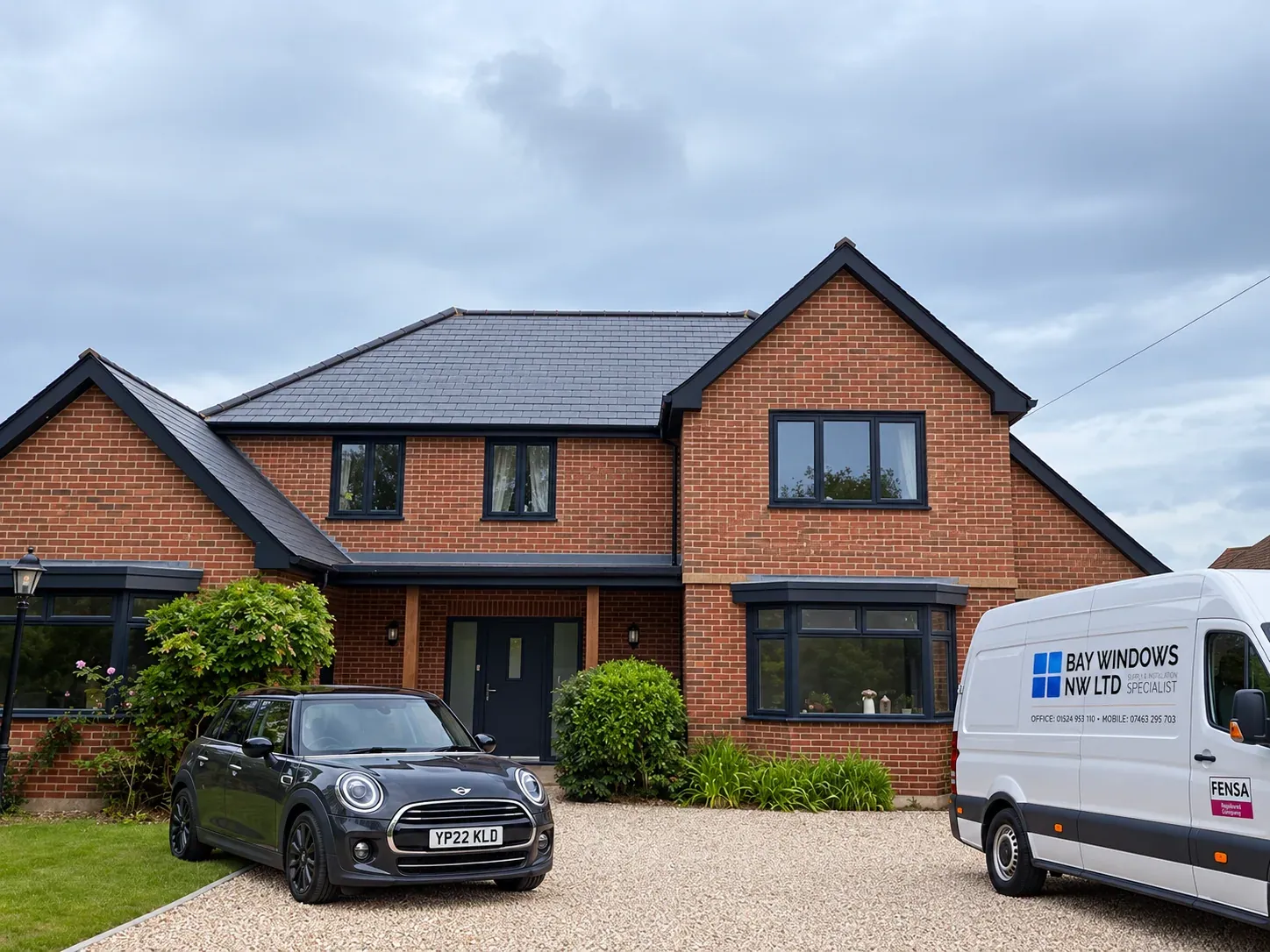 Illustrative brick house exterior with Mini and Bay Windows branded van